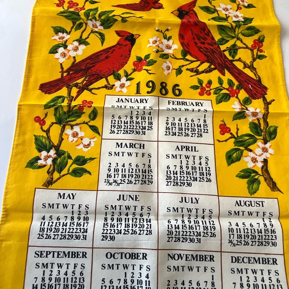 Vintage Calendar Linen Towels 1972 1986 1995 Bird Cherries Stream Covered Bridge - Picture 2 of 7